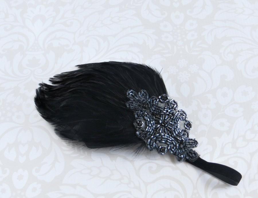 زفاف - Black Headpiece for Great Gastby Prom Dress, Flapper Headbands for 1920s Dresses, 1920s Headpiece, Black Feather Headband Gunmetal Pewter