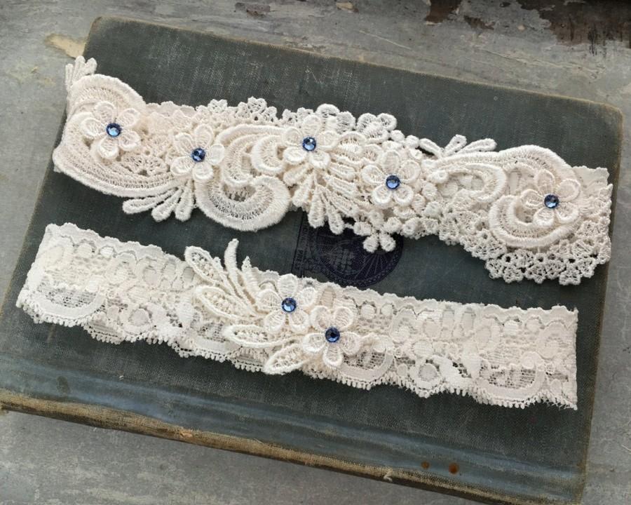 زفاف - Lace Wedding Garter Set, Something Blue Garter Set, Beaded Lace Garters with Rhinestone Crystals, Ivory Garter Set - "Lucille"