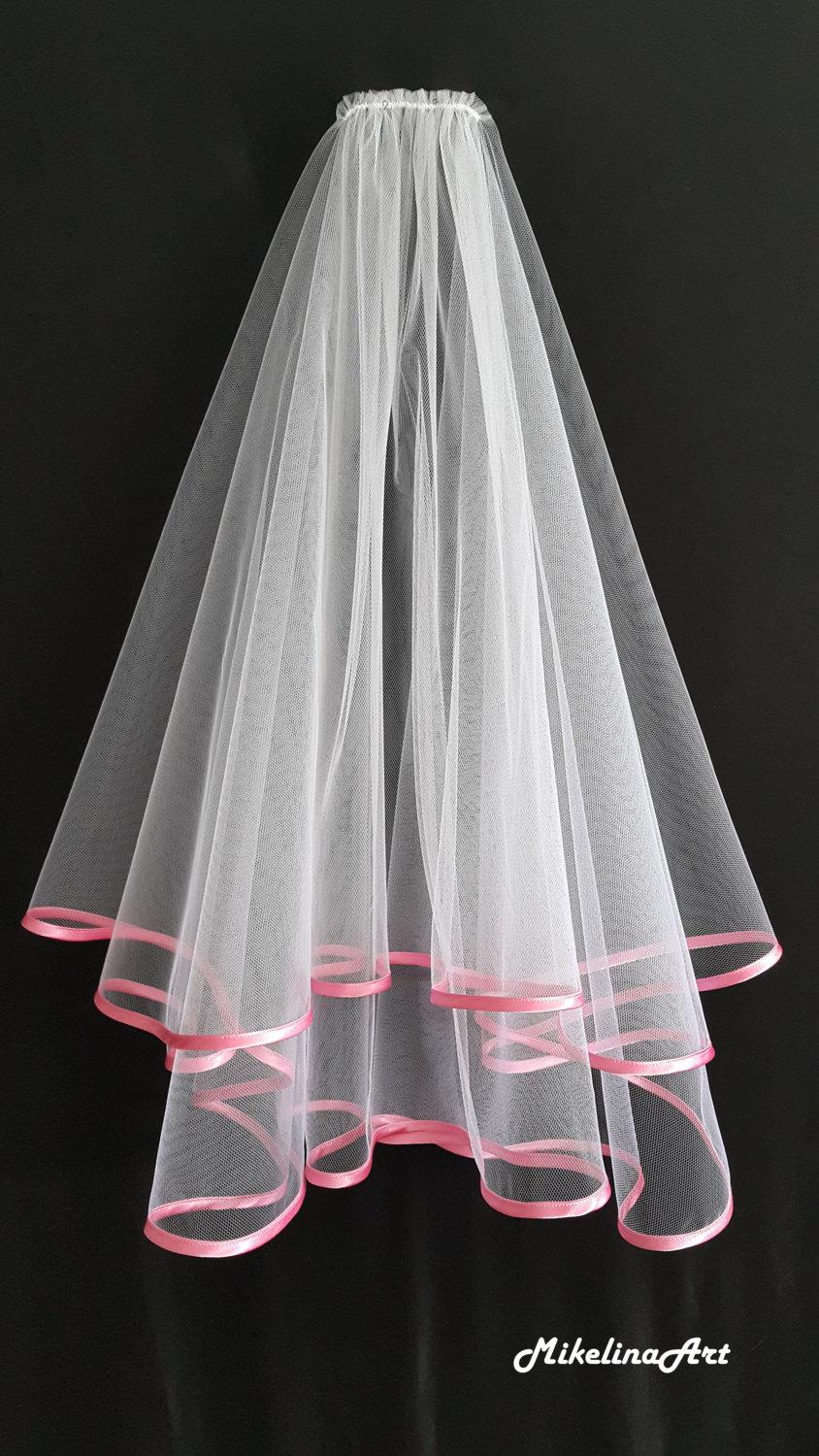زفاف - White Wedding Veil, Two Layers, Pink Satin Edging.