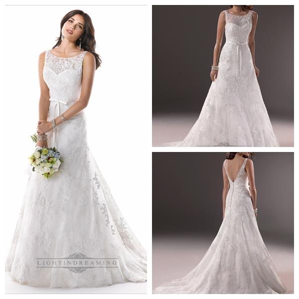 زفاف - Romantic Illusion Bateau Neckline A-line Lace V-back Wedding Dresses