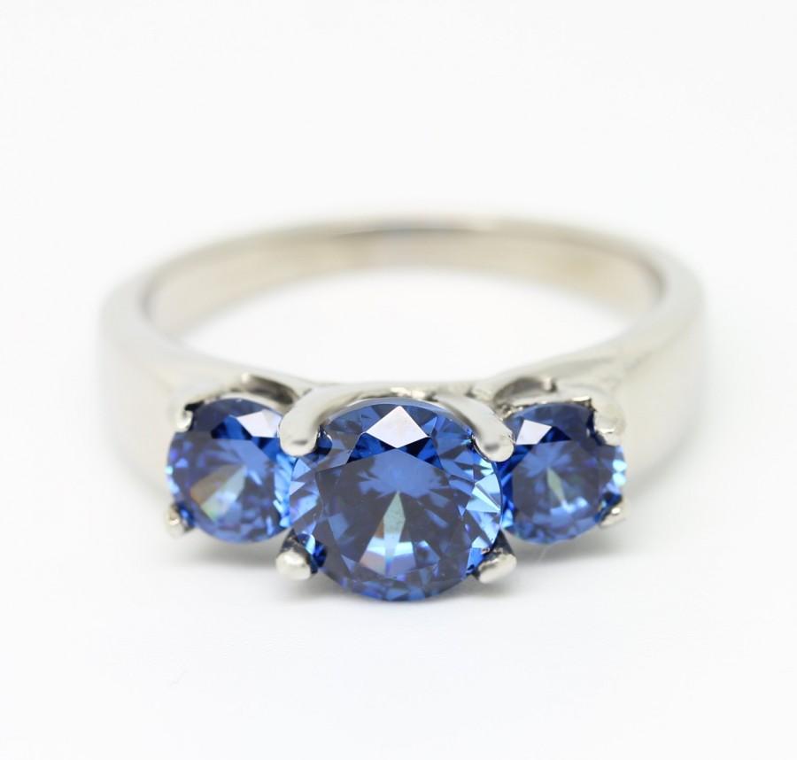 زفاف - Trellis Trilogy ring with genuine London Blue Topaz stones - Choose from Titanium or white gold - engagement ring