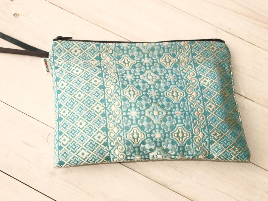 زفاف - Turquoise clutch purse, Zippered clutch bag, Bridal clutch, Bridesmaid gift, gold and turquoise clutch, wedding clutch purse.