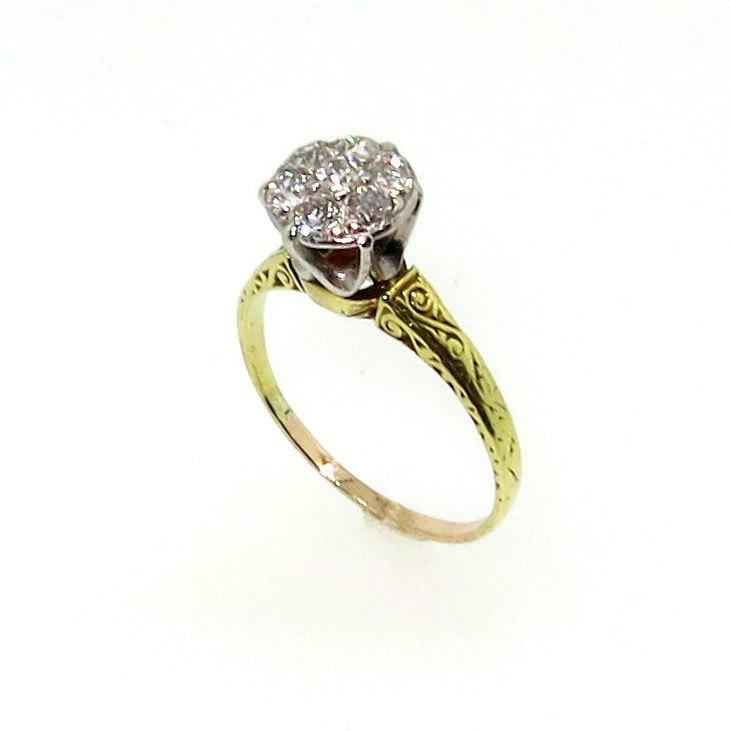 Wedding - Vintage Look Diamond Cluster Engagement Ring