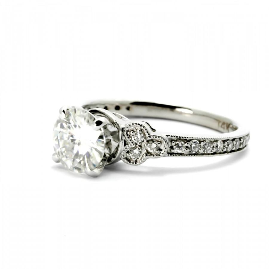 Hochzeit - Unique Solitaire Forever Brilliant Moissanite Engagement Ring with 1 Carat Forever Brilliant Moissanite & .25 Carat Diamonds