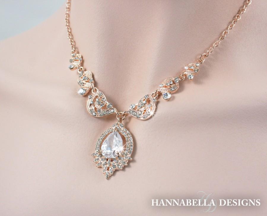 زفاف - Fleur - Rose Gold Bridal Necklace, Wedding Necklace,  Crystal Necklace, Crystal Drop Necklace, Bridal Jewelry, Vintage Style Necklace