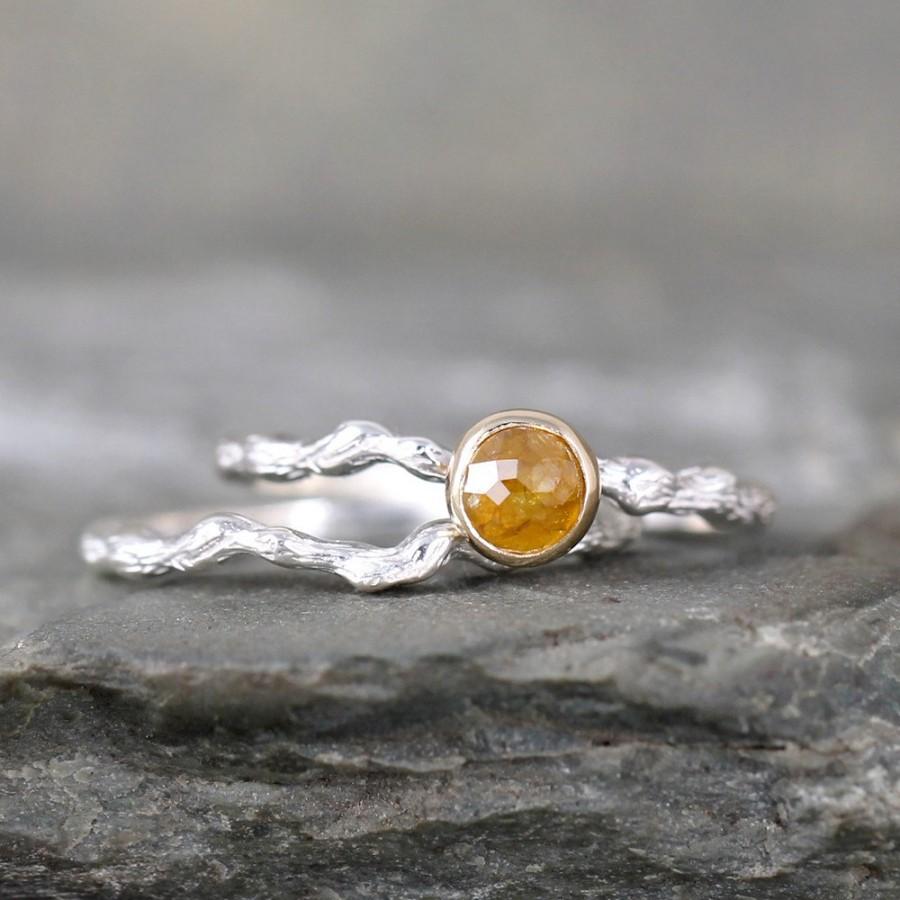 Wedding - Honey Rose Cut Diamond Twig Engagement Ring   - Sterling Silver 14K Yellow Gold  - Tree Branch Rings - Nature - Alternative Engagement Ring