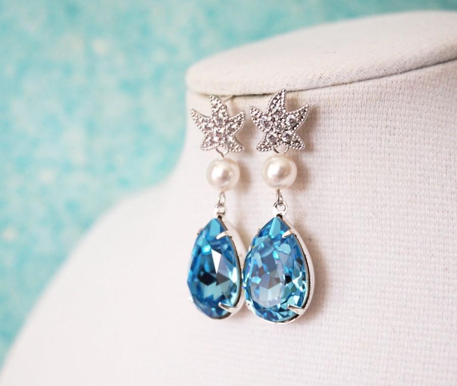 زفاف - Starfish - Cubic Zirconia Starfish Aquamarine Swarovski Crystal Teardrop Earrings, gift for her, Bridal, Beach Wedding Earrings, Bridesmaids