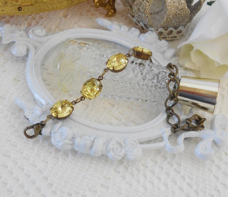 Wedding - Crystal Bracelet, Vintage Crystal Bracelet, Jonquil Yellow, Estate Jewelry, Chain and Crystal Bracelet, Adjustable Glass Rhinestone Bracelet