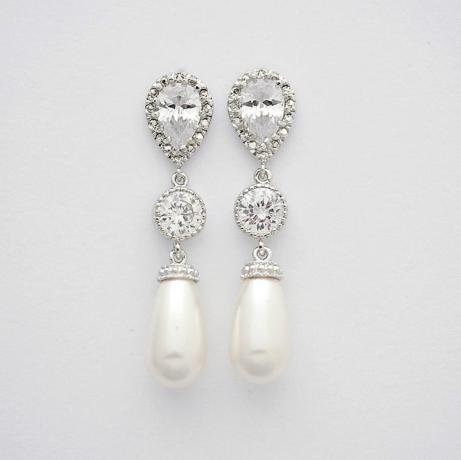 زفاف - Wedding Pearl Earrings Cubic Zirconia Bridal Jewelry Silver with Cream OR White Ivory Swarovski Pearl Drops Wedding Jewelry, Adalyn