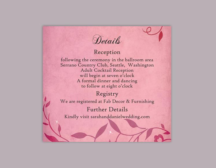 Mariage - DIY Rustic Wedding Details Card Template Editable Word File Instant Download Printable Vintage Fuchsia Pink Details Card Leaf Enclosure Card