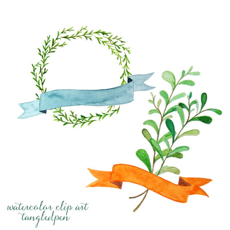 زفاف - hand painted flourishes leaves twigs wreath and banners - watercolor clip art - digital download - diy wedding invitation
