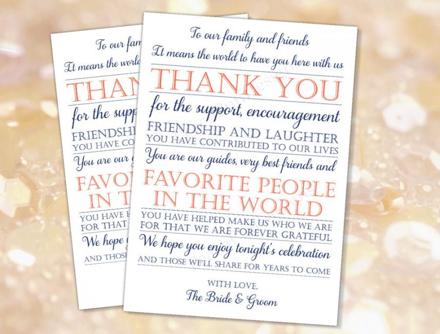 Mariage - Wedding reception Thank you card Navy Coral (INSTANT DOWNLOAD) - To our family and friends - Navy and coral wedding