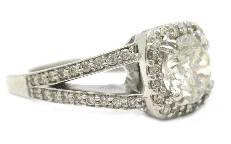 Hochzeit - Round diamond engagement ring art deco halo 14k white gold 1.60ctw