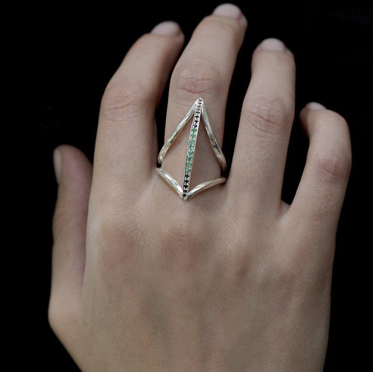 زفاف - Engagement multistone silver ring with Sapphire, Emerald & Ruby gemstones , Gift for her , RS-1050-S.