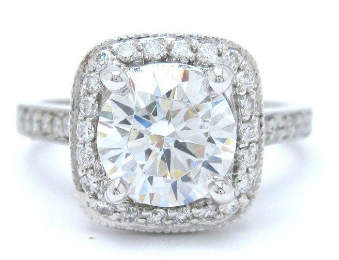 Wedding - Round cut diamond engagement ring antique style 14k white gold 2.24ctw