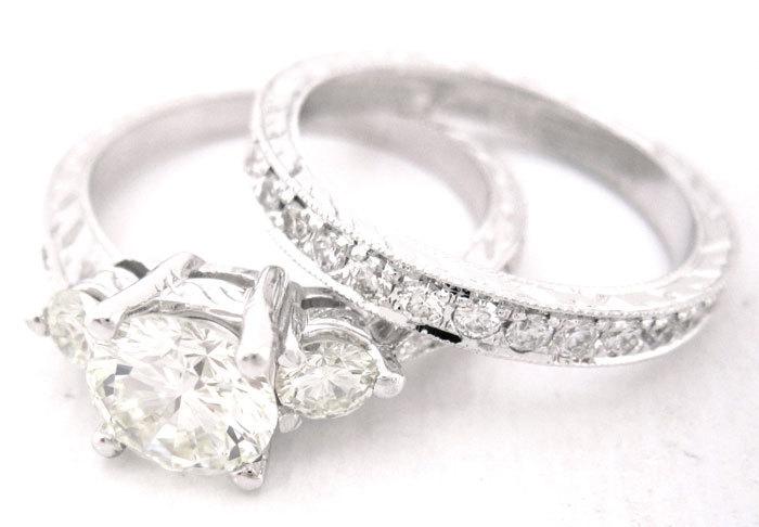 زفاف - Round cut engagement ring and band 14k white gold antique style 1.67ctw