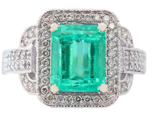 زفاف - 14k white gold green emerald and round cut diamonds ring art deco antique 4.85ct