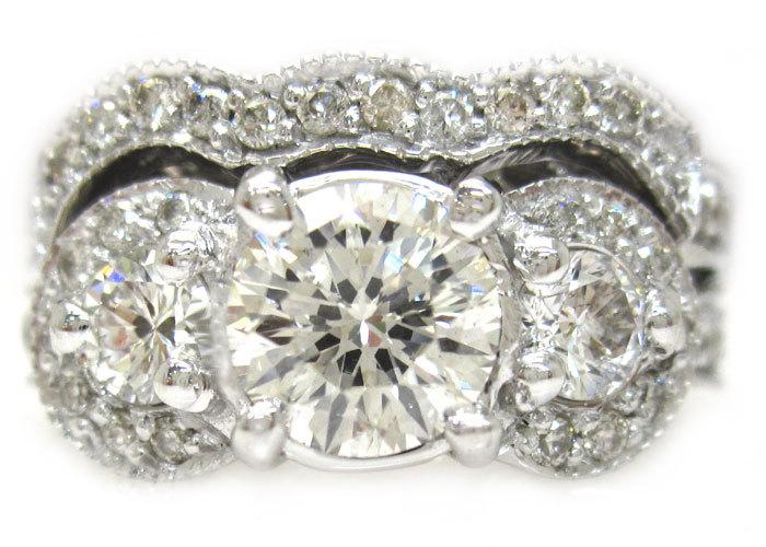 Wedding - Round cut diamond engagement ring and band antique style filigree 2.52ctw