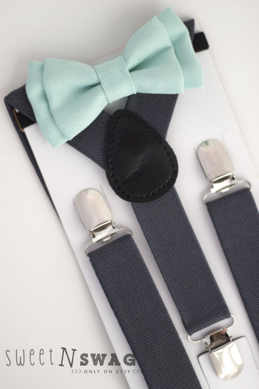 Hochzeit - SUSPENDER & BOWTIE SET.  Newborn - Adult sizes. Dark Grey / Gray Suspenders. Mint Denim bowtie.