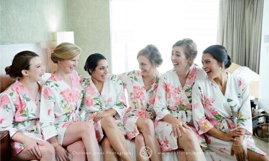 Wedding - White Pink Large Floral Blossom Bridesmaids Robes 