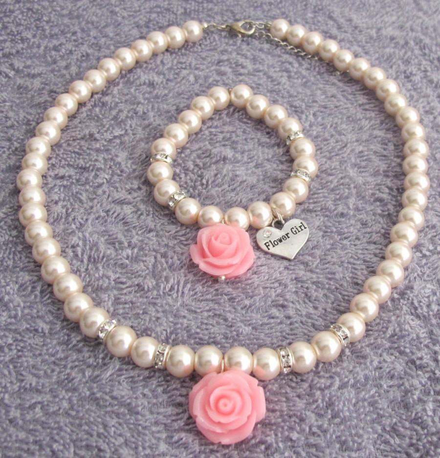Mariage - Flower Girl Jewelry Rose Flower Necklace Rose Flower Bracelet, Blush Pink Jewelry  Flower Girl Jewelry Set Pink Jewelry Free Shipping USA