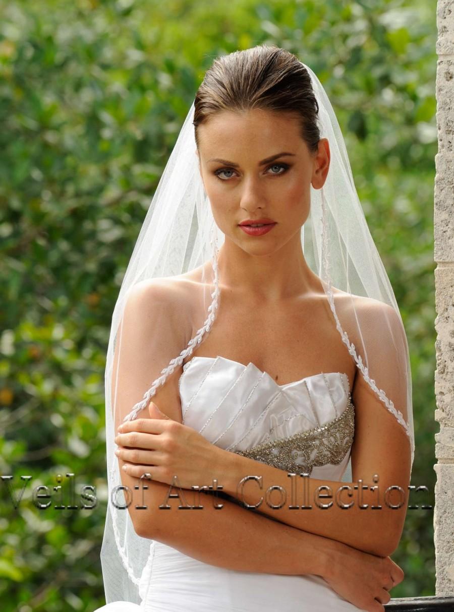Hochzeit - Designer One Tier Embroided Bridal Wedding Veil Fingertip Style VE312 NEW CUSTOM VEIL