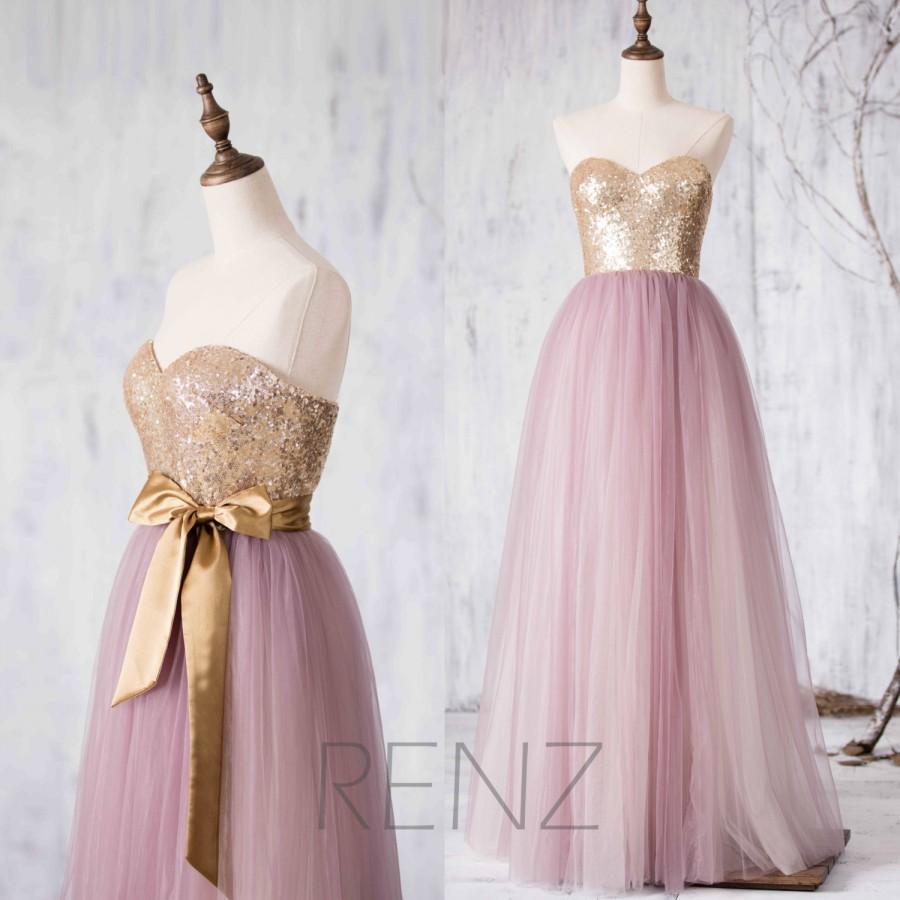 Mariage - 2016 Light Purple Mesh Bridesmaid dress, Long Puffy Wedding dress, Sweetheart Light Gold Sequin Strapless Prom dress floor length (HQ147)