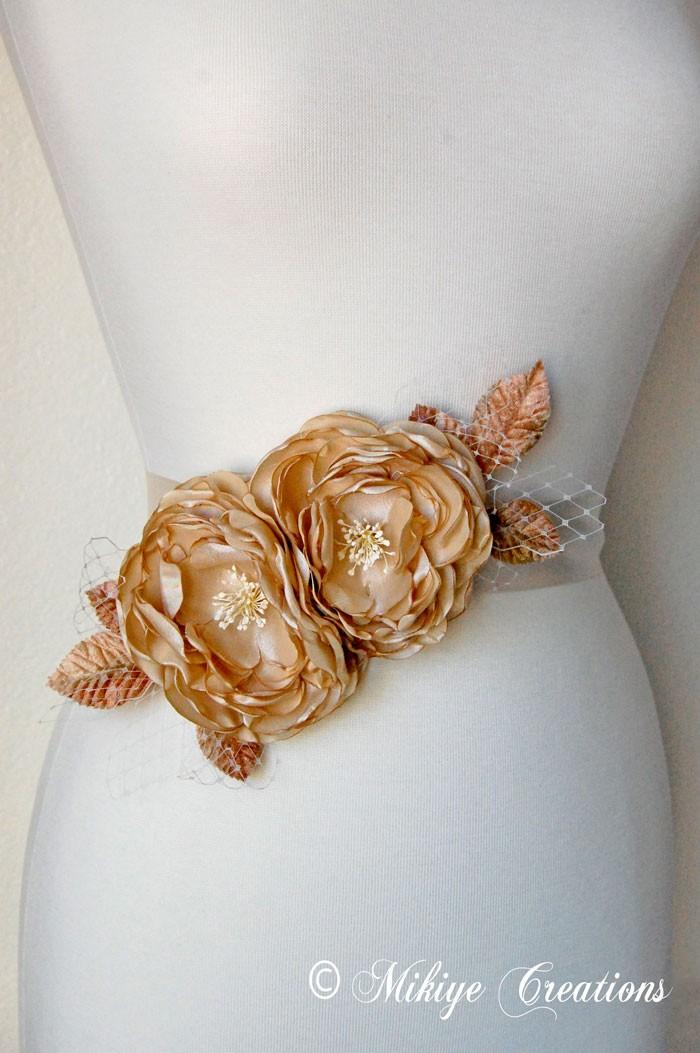 Wedding - Wedding Sash Flower Accessory - Bridal Belt - Hair Flower Fascinator Head Piece - Flower Brooch -  Bridal Hair Flower - Golden Tan Parchment