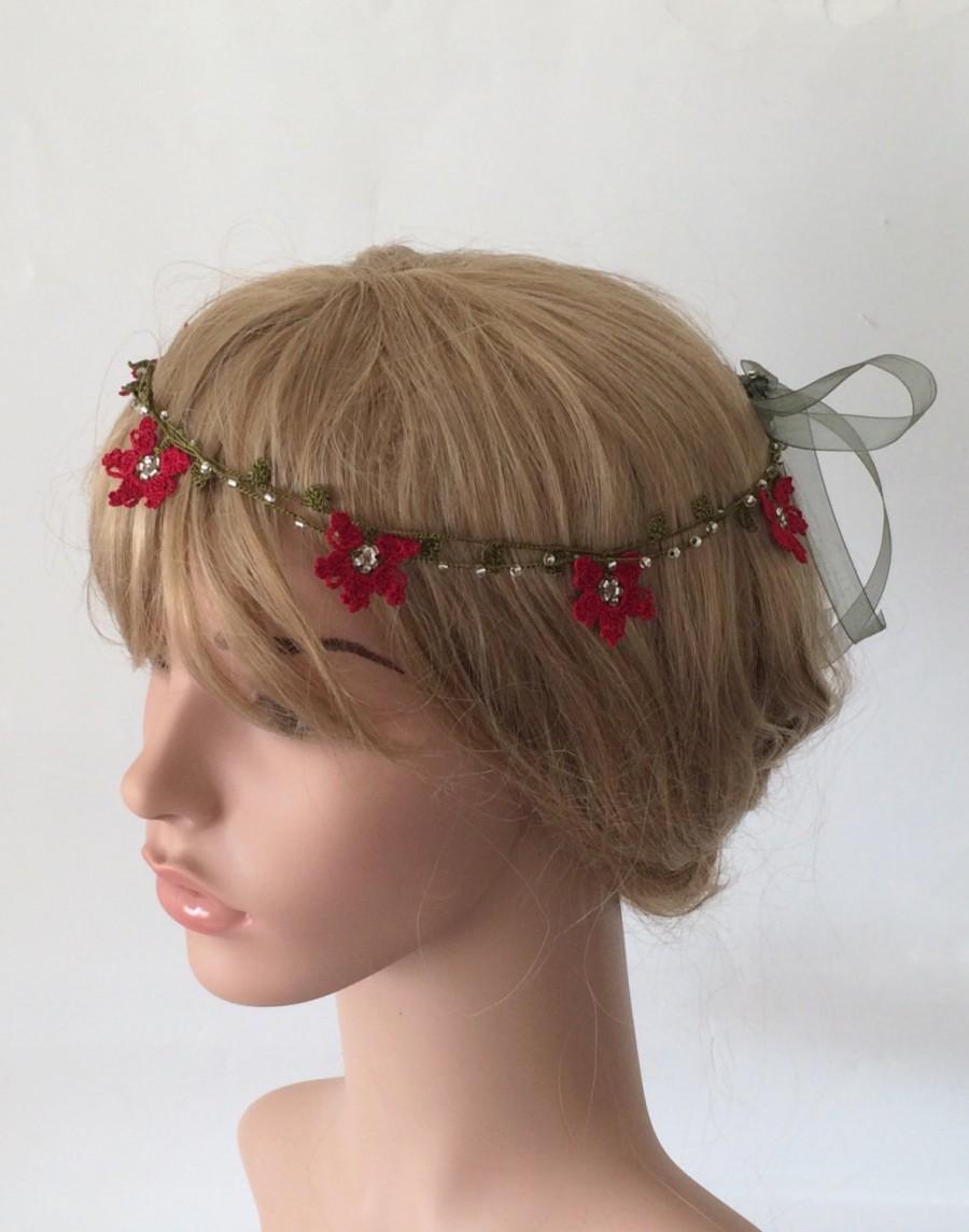 Свадьба - Boho Bridal Headband, Red Crochet Flowers and Crystal Beads, Wedding Headband, Bridesmaid Headpiece, Beadwork, ReddApple, Fast Delivery