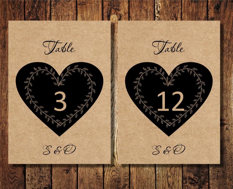 Wedding - DIY Wedding Printable Table Numbers, Rustic Heart Wedding Table Numbers, Instant download table numbers template, digital PDF, you print