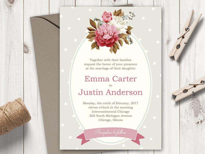Wedding - Printable Wedding Invitation Template "French Country" - dots. DIY Invite with Peony Flowers, Neutral Beige Color. Instant Download, MS Word