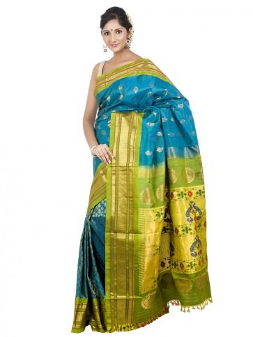 Hochzeit - Beautiful Turquoise Blue Paatli Pallu Paithani Saree 