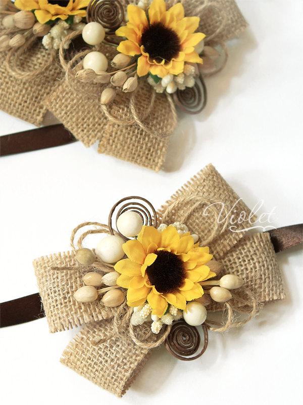 Hochzeit - 2 Rustic Sunflower Wedding Corsages, Set of 2 Bridesmaids Sunflower Burlap Bracelets, Sunflower Rustic Wedding Bridal Girl Accessories