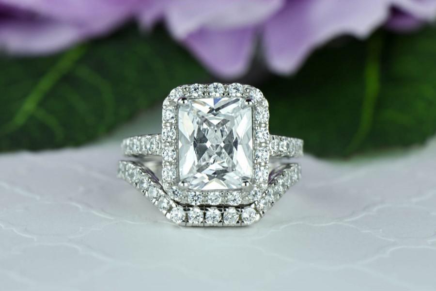 Hochzeit - 4 ctw Halo Filigree Engagement Ring, Radiant Cut, Half Eternity Wedding Set, Man Made Diamond Simulants, Sterling Silver, Pave Bridal Set