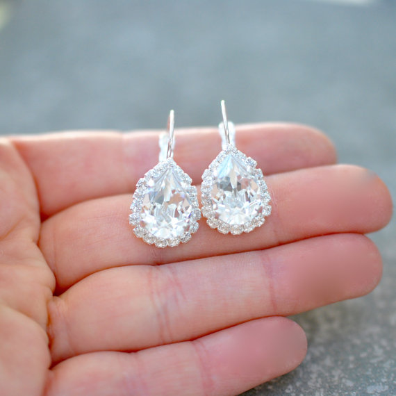 Свадьба - Diamond Bridal Earrings Swarovski Crystal Clear Diamond Rhienstone Leverback Pear Tear Drop Earrings Rhinestone Halo Bride Wedding Mashugana