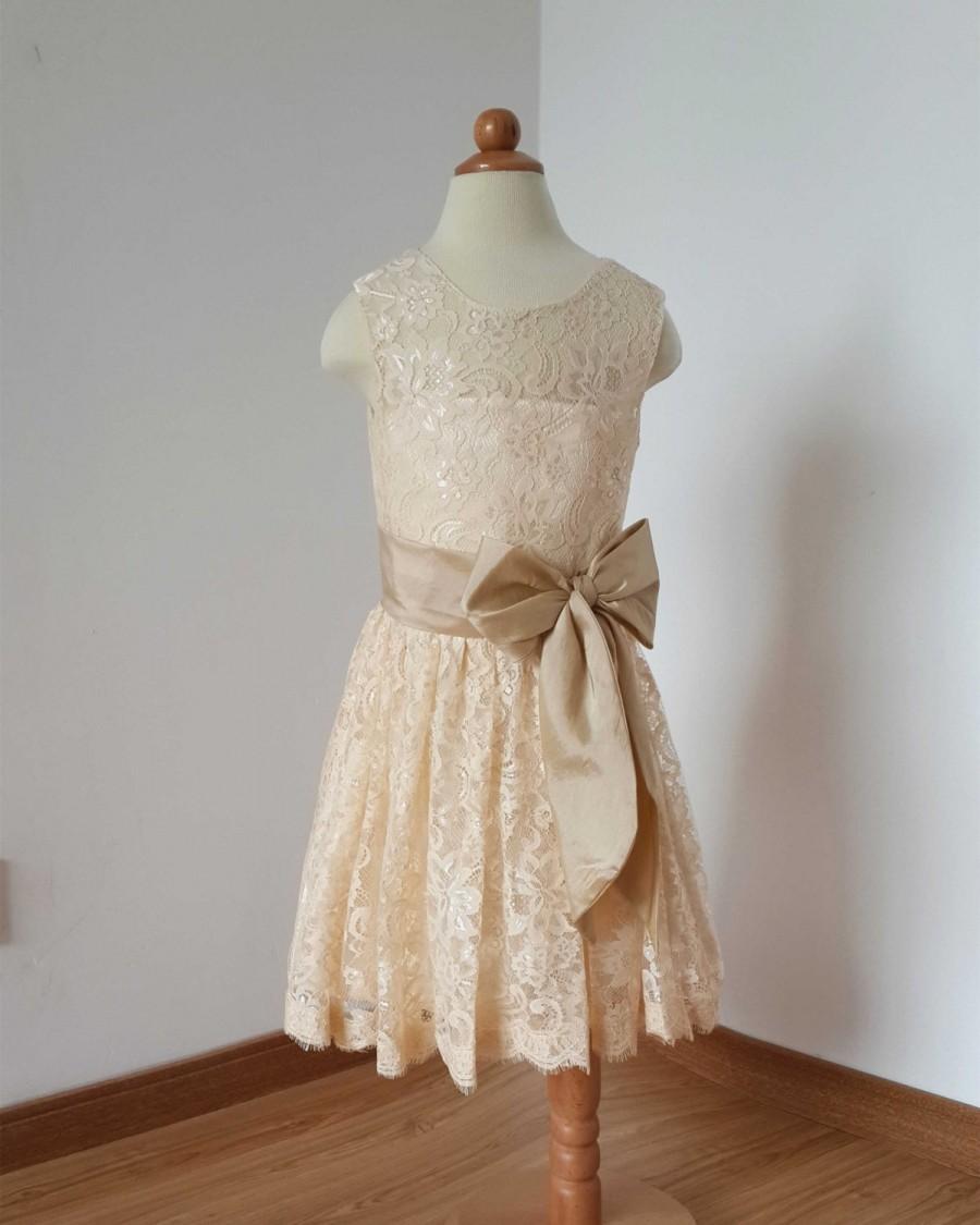زفاف - 2015 Ankle-length Champagne Lace Flower Girl Dress