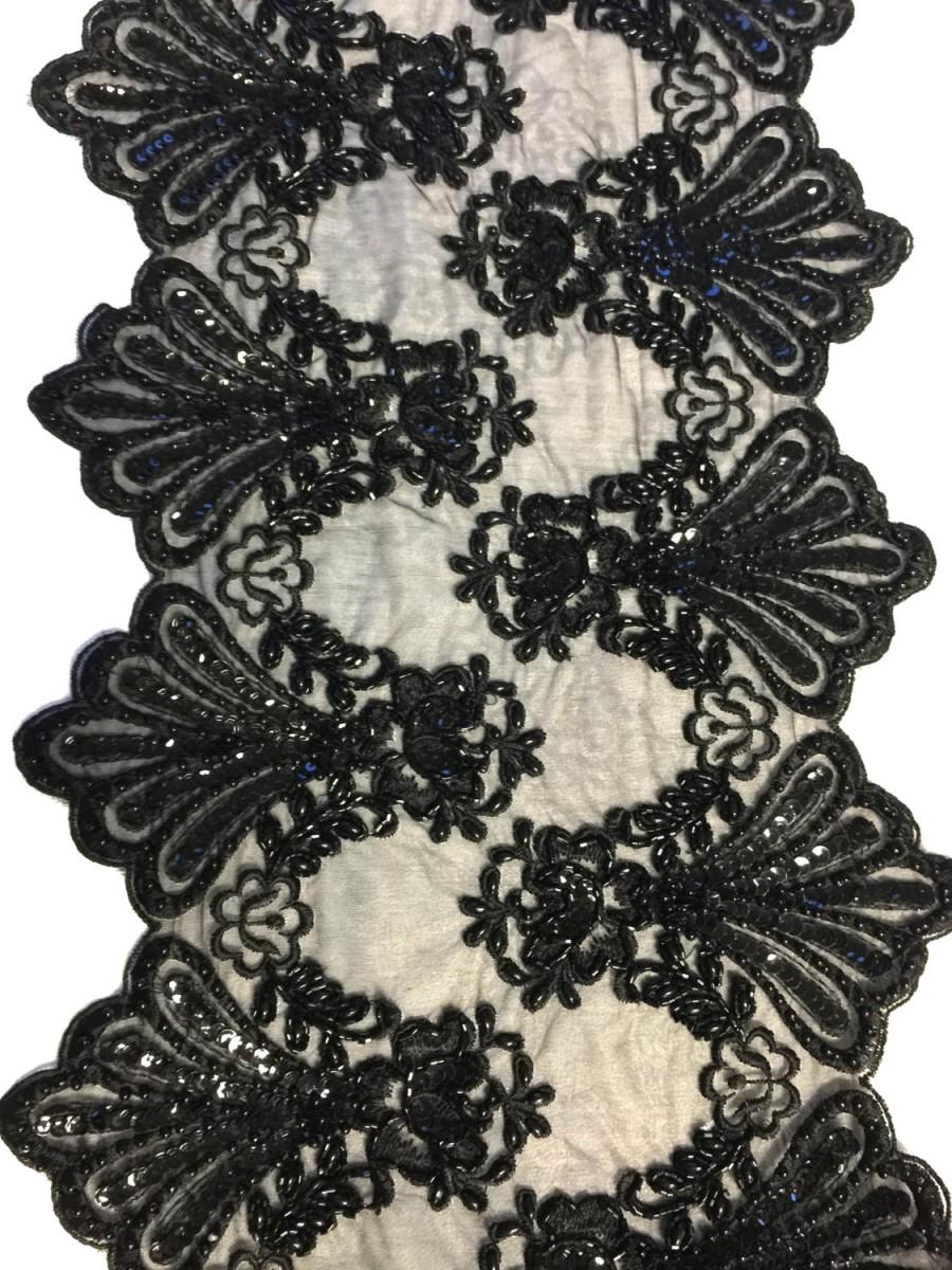 زفاف - Vintage Embroidered silk Sequin Pearls Beaded Lace.Lace Trim for bridal veil, scalloped trim.Sold by the Yard.