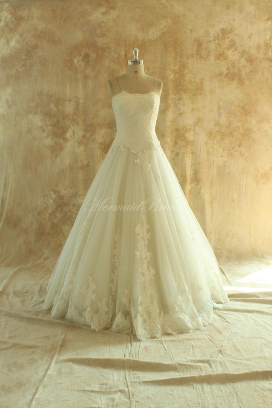 Wedding - Strapless ivory tulle lace wedding dress, ball gown with sweetheart neckline