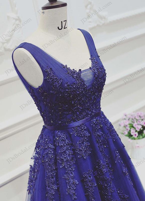 Hochzeit - Swoon blue v neckline low back tulle long prom evening dress