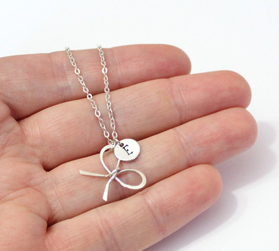 Mariage - Sterling silver Bridesmaid Bow knot necklaces, with personalized initial charm, handmade bridal jewelry, bridesmaid gift, Girlfriend gift