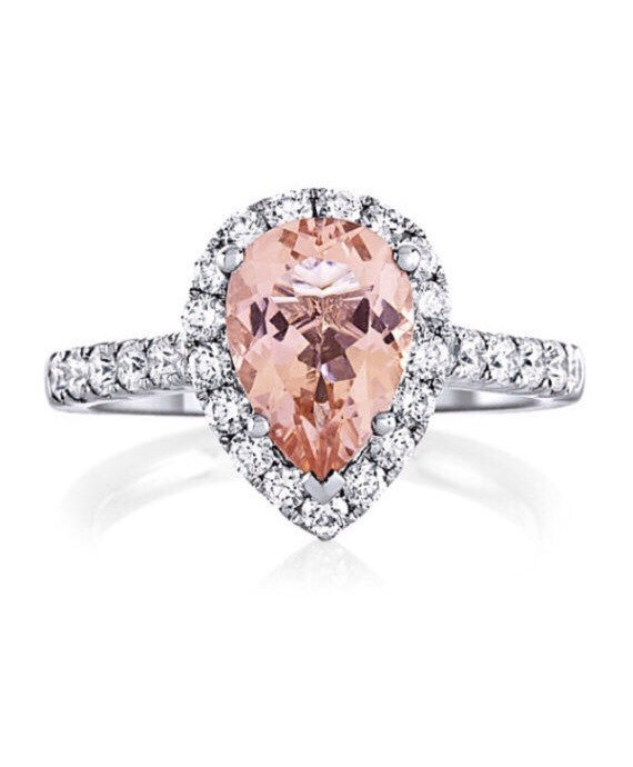 زفاف - 45% OFF Morganite Engagement Ring 14kt White Gold 3.93tw Pear Shape MORGANITE ENGAGEMENT Ring Natural Diamonds Halo Anniversary Ring