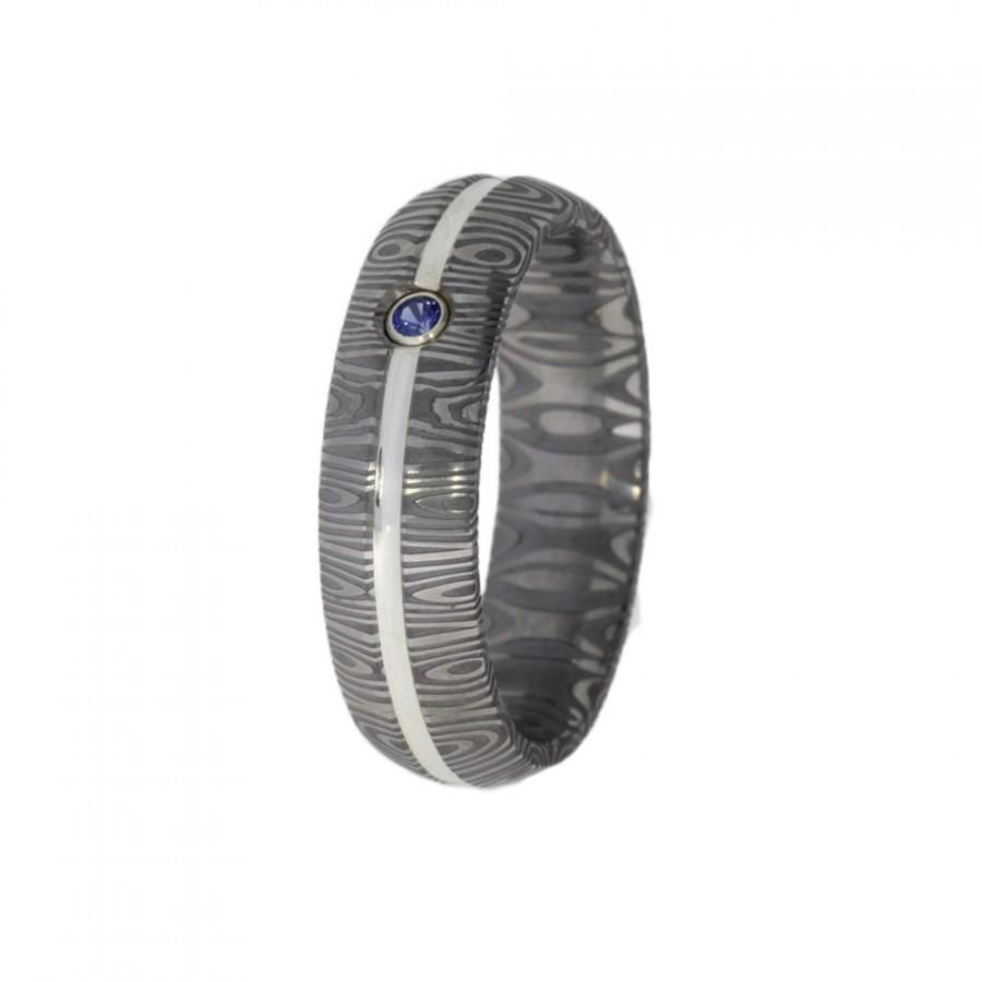 Mariage - Women's Damascus Wedding Band with Blue Sapphire