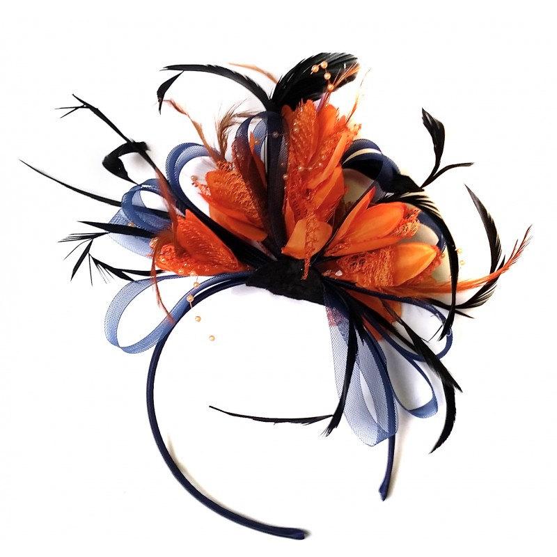 Hochzeit - Navy Blue Hoop & Orange Feathers Fascinator On Headband