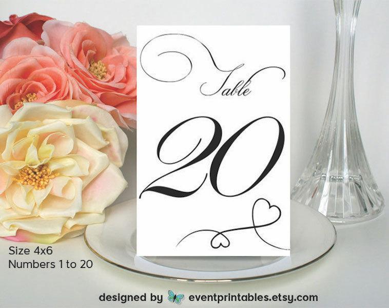 Mariage - 1 to 20 Printable DIY Table Numbers, Instant Download 4x6 Wedding Cards, Heart Swirl Collection by Event Printables