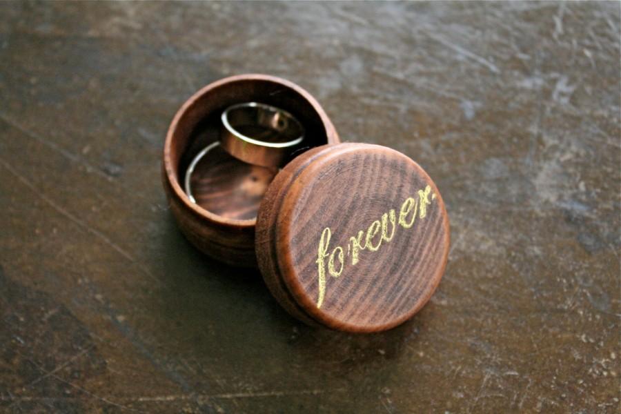 Wedding - Wedding ring box. Tiny round ring box, ring bearer accessory, ring warming. Tiny pine ring box with "forever" design in gold.