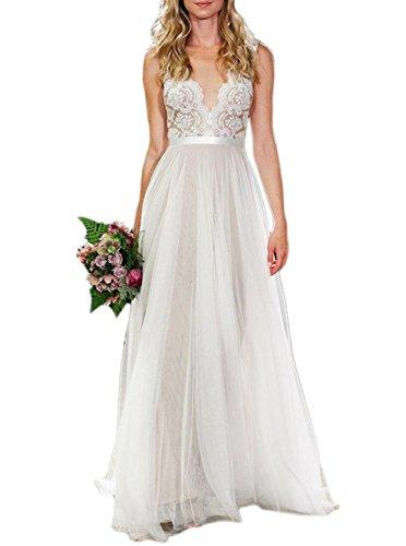 Hochzeit - Ivory V-neck A-line Lace Tulle Beach Wedding Dress