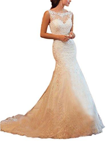 زفاف - Ivory V-back Court Train Lace Mermaid Wedding Dress