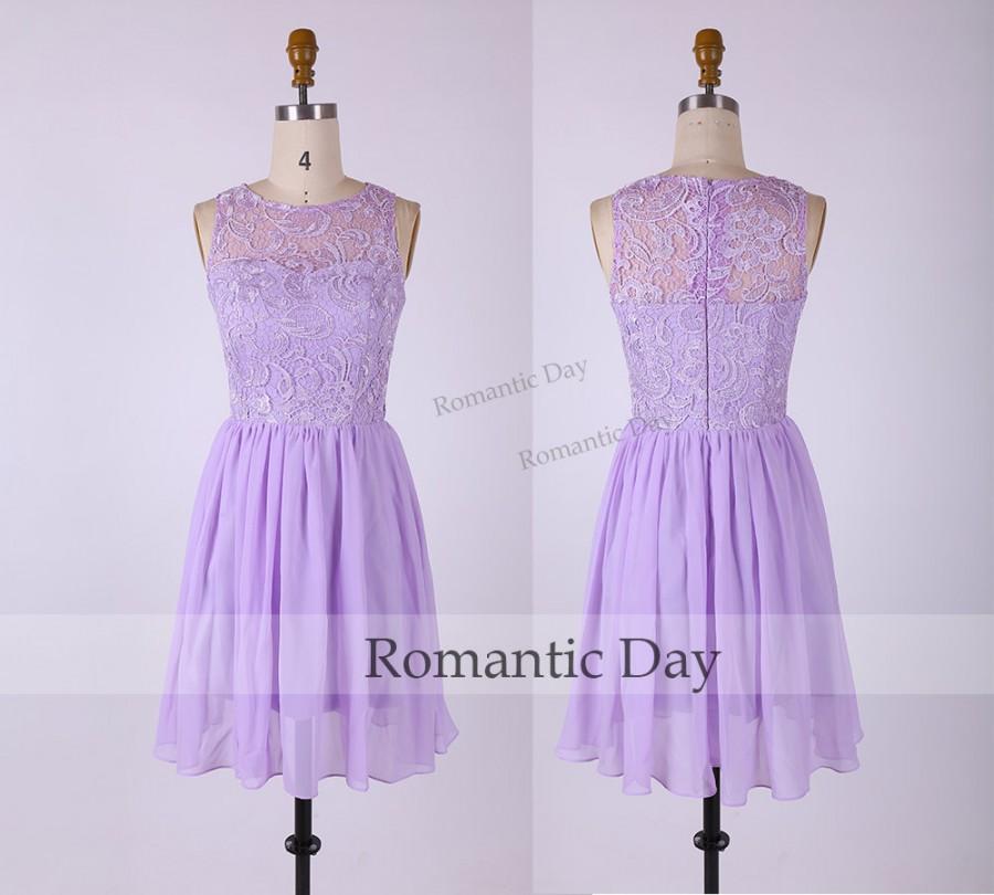 Hochzeit - Beautiful Lavender Illusion Neckline Lace&Chiffon Short Bridesmaid Dress/Short Lace Dress for Wedding/Short Prom Dress/Custom Made 0382