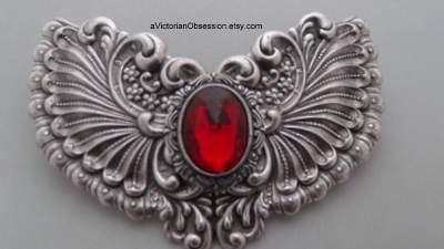 Mariage - Wedding large  hair barrette Vintage Victorian style red and silver angel wings