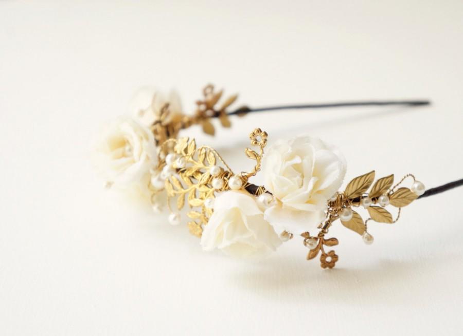 زفاف - Gold flower crown, Golden floral headband, Gold and ivory flower crown, Bridal headpiece, Bridal tiara, Ivory crown, Woodland, Gold bridal